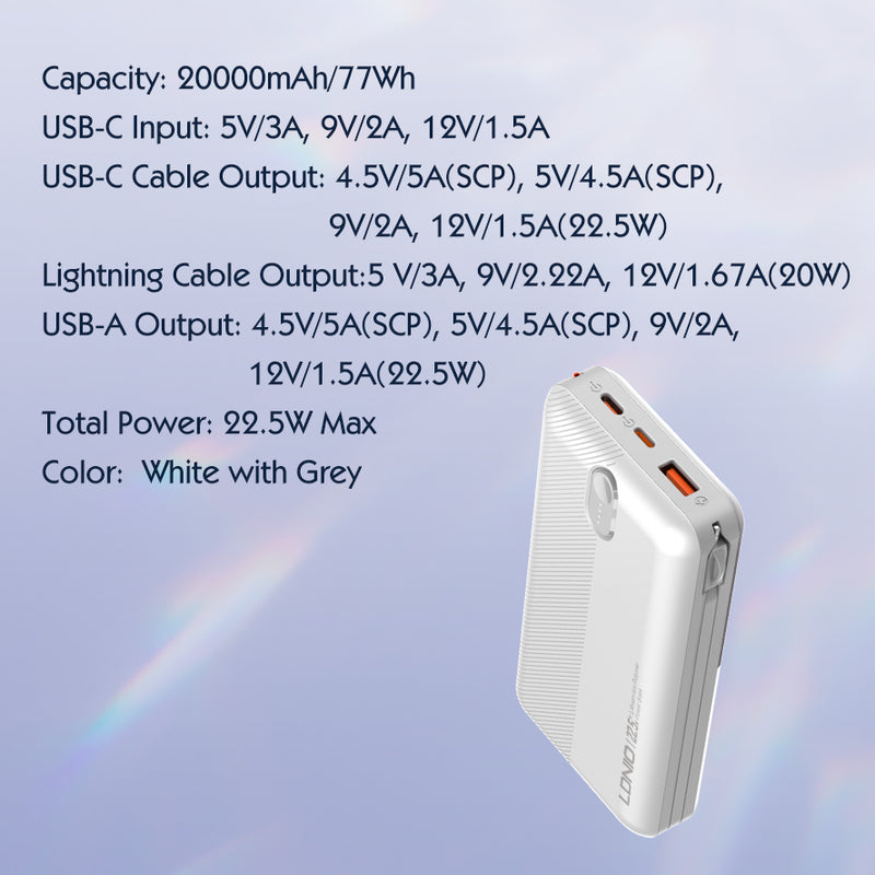 LDNIO POWER BANK 20000mAh 22,5W 5V 3A 1 PORT (1A) + 2 CABLE (1C1L) PQ24