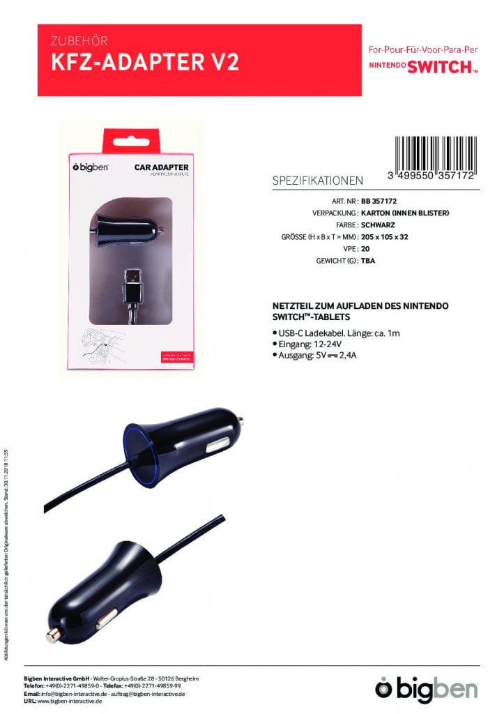 BIGBEN SWITCH CAR CHARGING ADAPTER 3499550357172