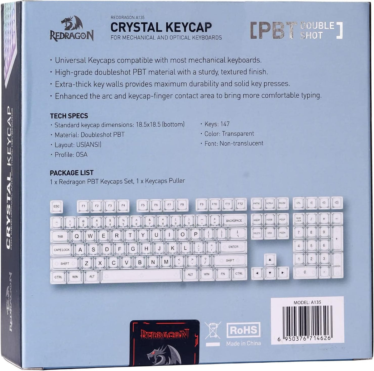KEYBOARD KEYCAPS - REDRAGON CRYSTAL A135 - 147 pcs 6950376714626