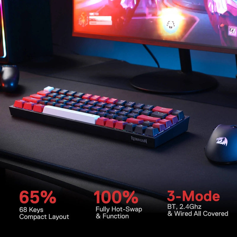 KEYBOARD - REDRAGON CASTOR K631RGB PRO WIRED/WIRELESS/BT MECHANICAL RED SWITCH 6950376710826