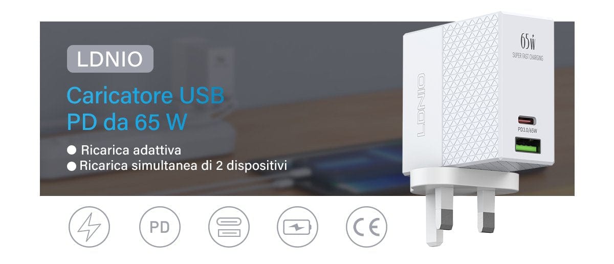 LDNIO CHARGER 2 PORT (1A1C) 65W 5V 3A A2620C 6933138691137
