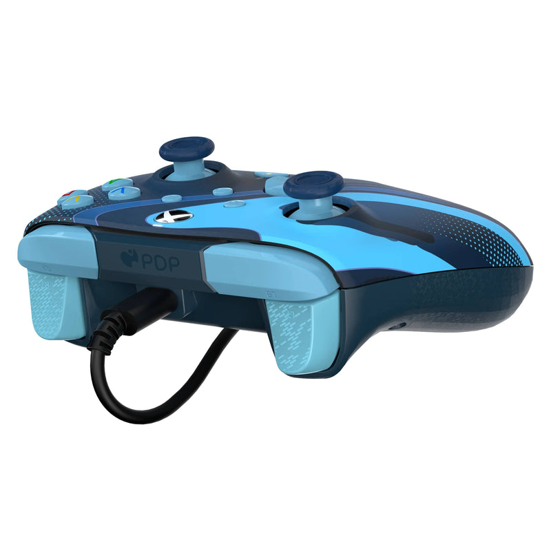 Rear view of the PDP REMATCH GLOW Blue Tide controller showing the textured grips and wired connection