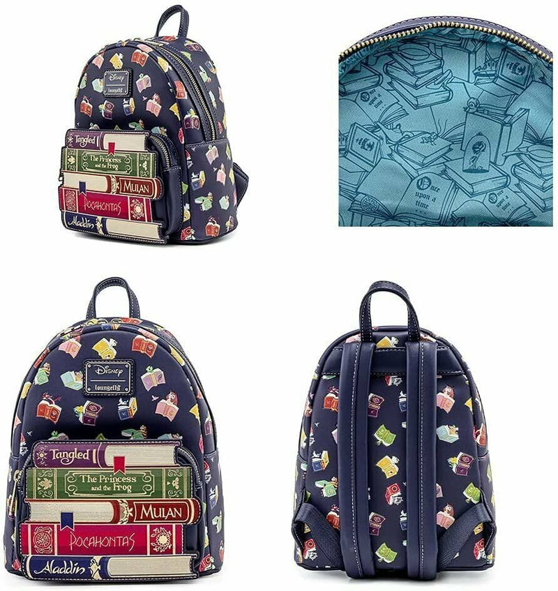 LOUNGEFLY DISNEY PRINCESS BOOKS AOP FAUX LEATHER MINI BACKPACK