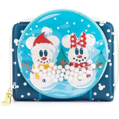 LOUNGEFLY DISNEY SNOWMAN MICKEY MINNIE SNOW GLOBE ZIP AROUND WALLET 671803382770