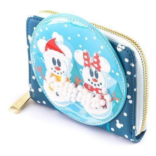 LOUNGEFLY DISNEY SNOWMAN MICKEY MINNIE SNOW GLOBE ZIP AROUND WALLET 671803382770