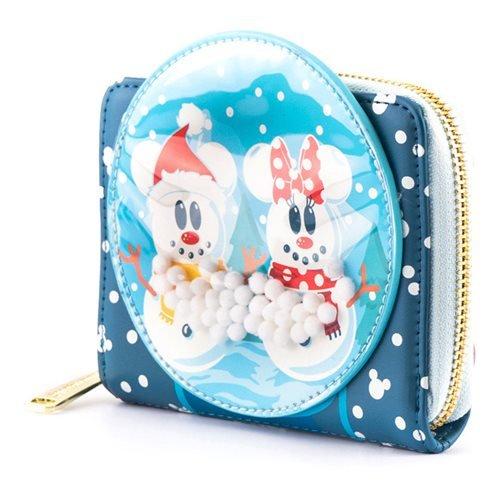 LOUNGEFLY DISNEY SNOWMAN MICKEY MINNIE SNOW GLOBE ZIP AROUND WALLET 671803382770
