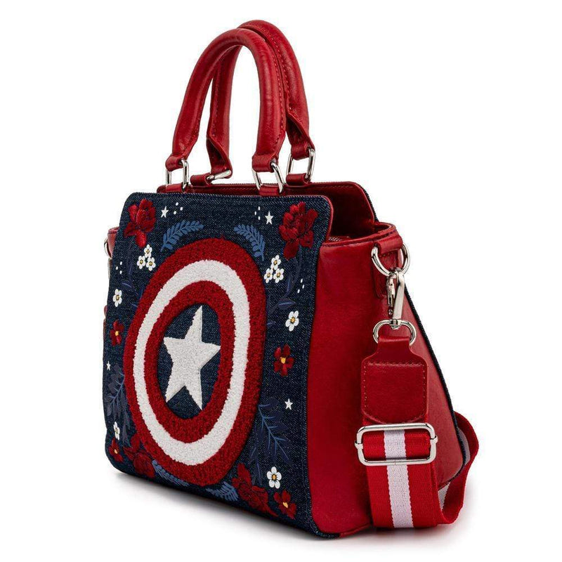 LOUNGEFLY MARVEL CAPTAIN AMERICA 80TH ANNIVERSARY FLORAL SHEILD CROSS BODY BAG 671803378537