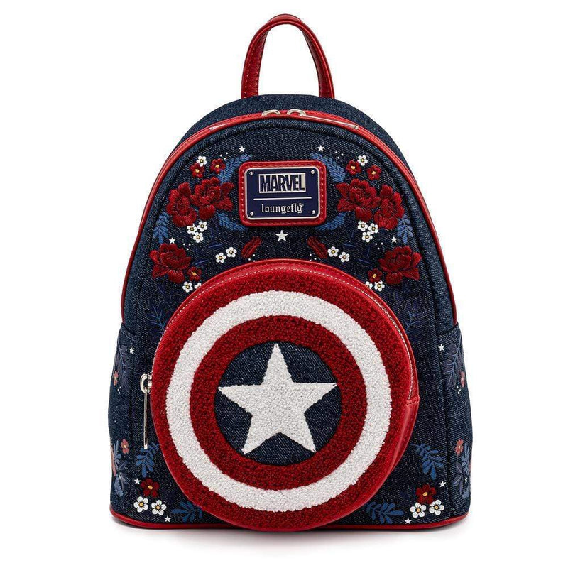 LOUNGEFLY MARVEL CAPTAIN AMERICA 80TH ANNIVERSARY FLORAL SHEILD MINI BACKPACK 671803378544