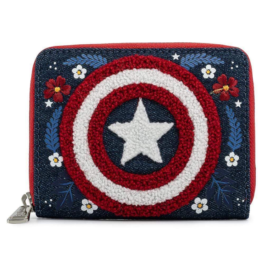 LOUNGEFLY MARVEL CAPTAIN AMERICA 80TH ANNIVERSARY FLORAL SHEILD ZIP AROUND WALLET 671803378520