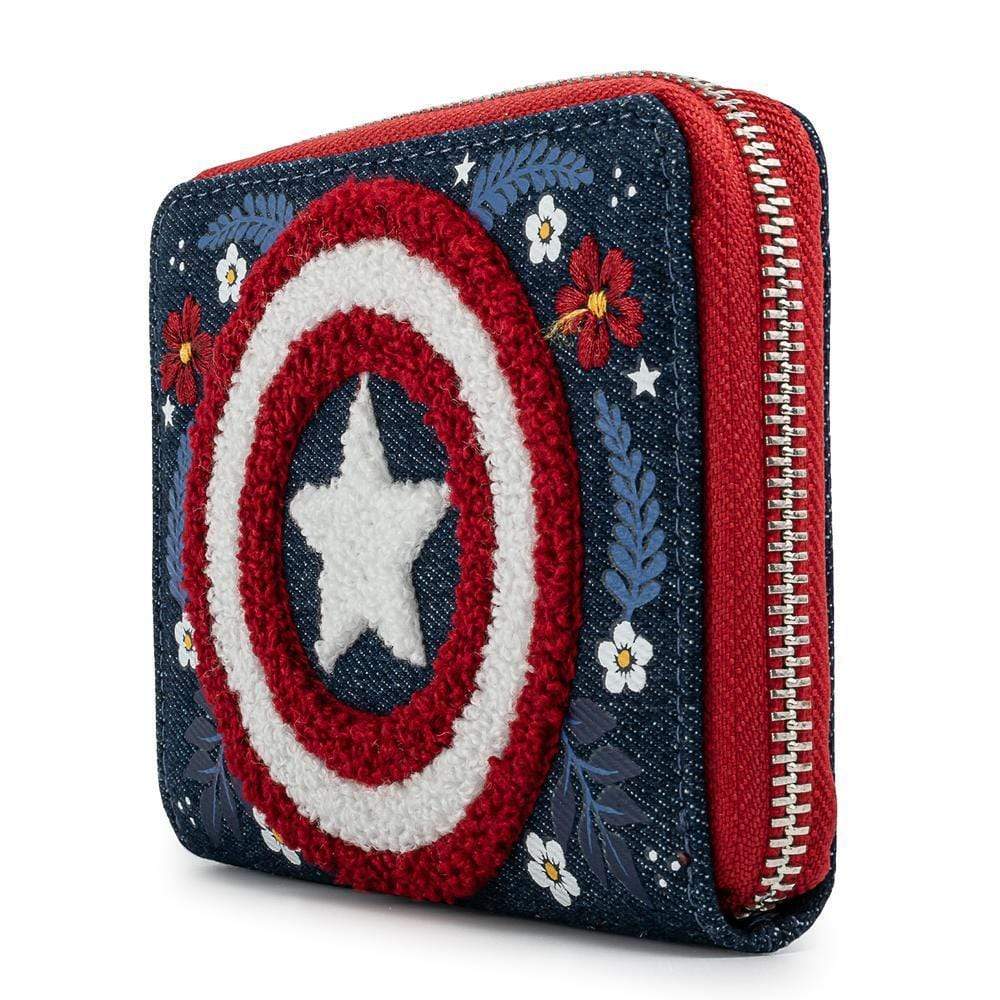 LOUNGEFLY MARVEL CAPTAIN AMERICA 80TH ANNIVERSARY FLORAL SHEILD ZIP AROUND WALLET 671803378520